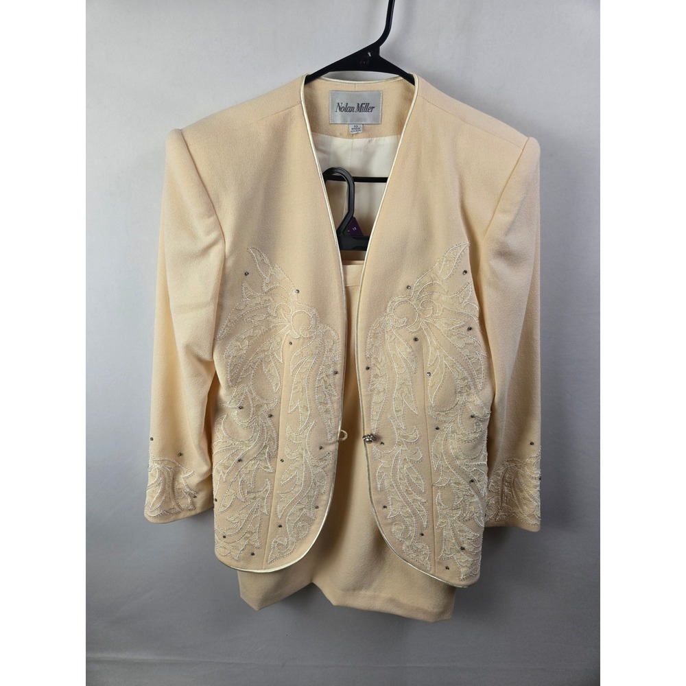 Nolan Miller Vintage Skirt Suit Set 10 Cream Beaded Rhinestone Formal Blazer